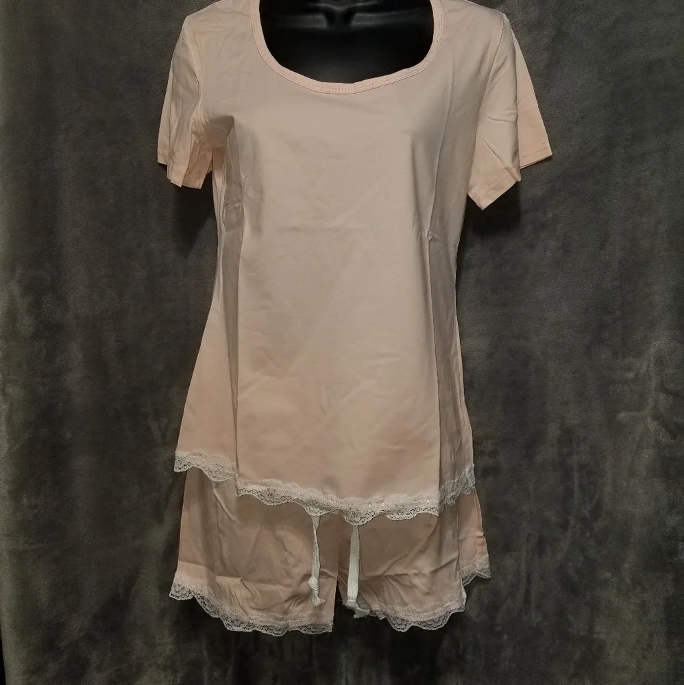 Luvrobes Women's Lace Trim 2-Piece Cotton Short Pajama Set - Picture 1 of 4